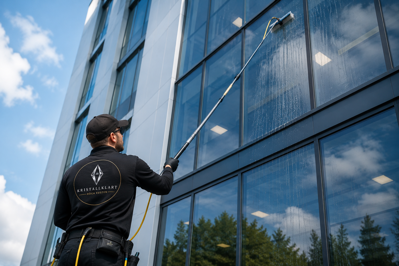 Fönsterputsare rengör fasadglas på kontorsbyggnad med teleskopskaft
